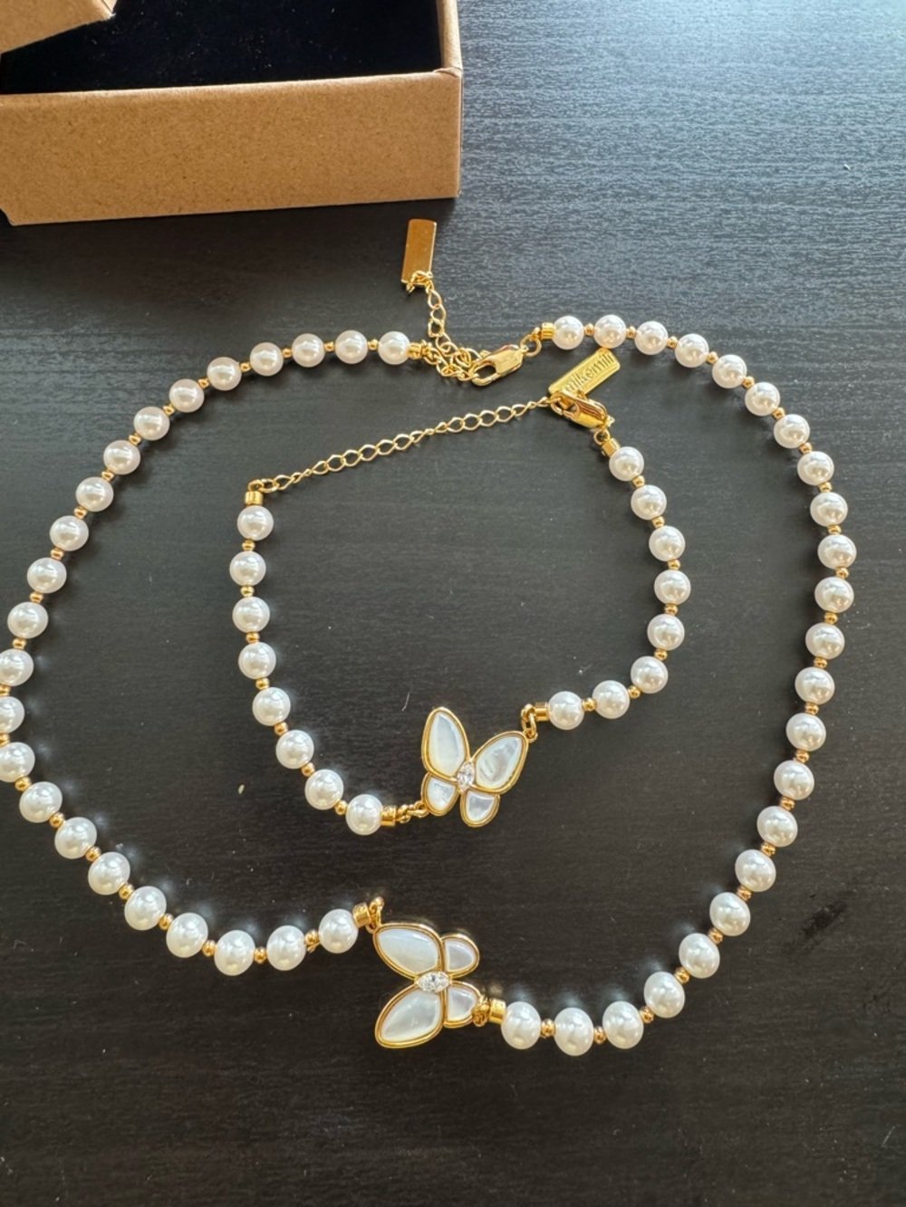 Gold Pearl Butterfly Necklace and Bracelet Set